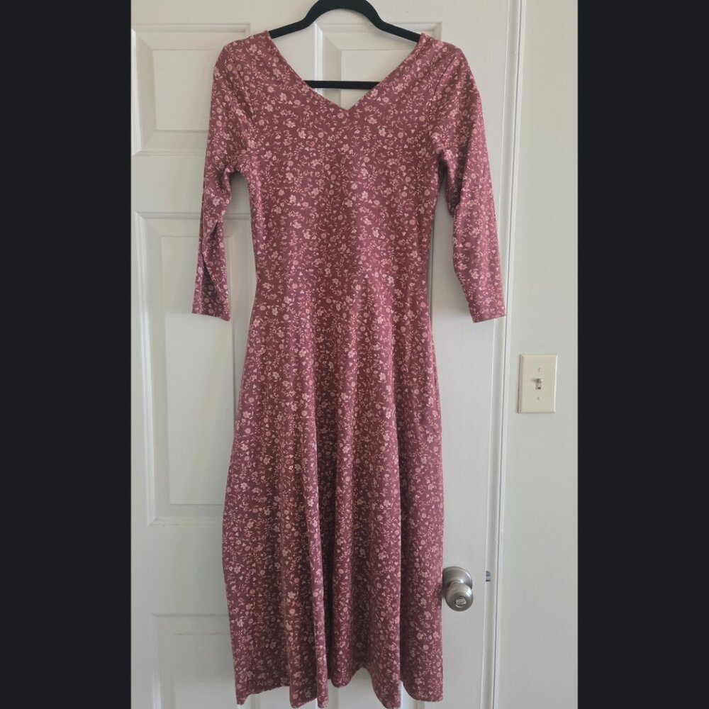 PACT V-neck three-quarter-sleeve fit and flare floral midi dress Size Small
